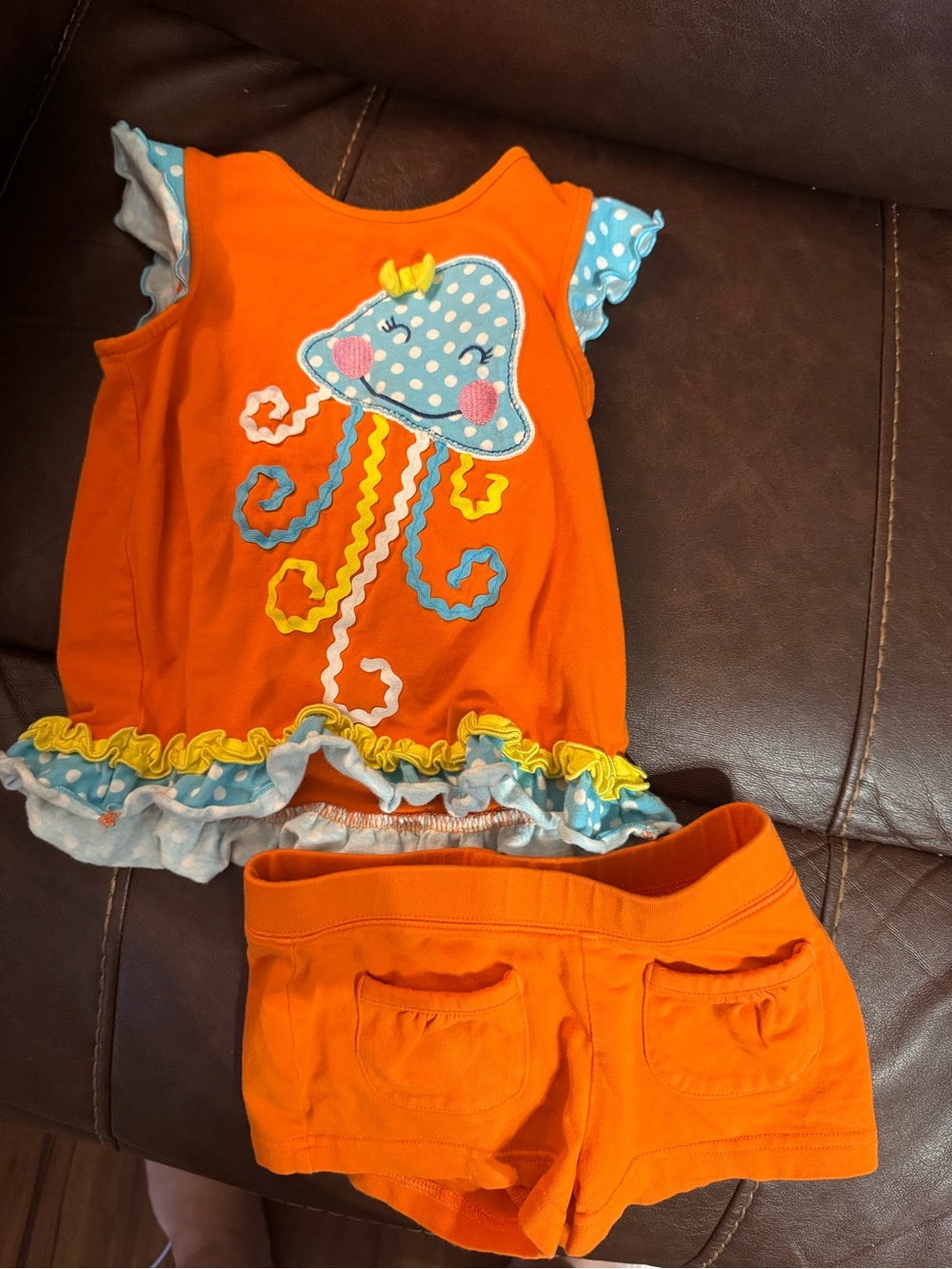 Orange Jellyfish Appliqué Girls Top & Shorts Set